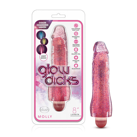 Glow Dicks Molly Color Changing 8 in. Vibrating Dildo Glitter Pink