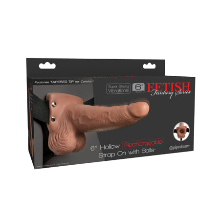 Fetish Fantasy Series Rechargeable Vibrating 6 in. Hollow Strap-On With Balls Tan/Black
