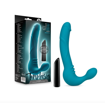 Temptasia Luna 9 in. Silicone Strapless Strap-On Dildo with Rechargeable Bullet Vibrator Teal