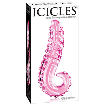 Icicles No. 24 Curved Textured 6 in. Glass Dildo With Handle Pink