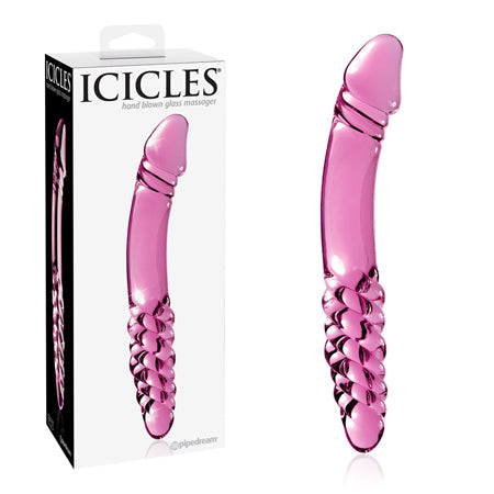 Icicles No. 57 Curved Textured 9 in. Dual-Ended Glass Dildo Pink