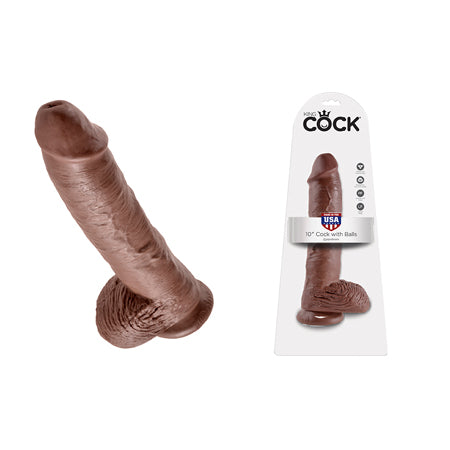 King Cock 10 in. Cock With Balls Realistic Suction Cup Dildo Brown