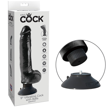 King Cock 9 in. Vibrating Cock With Balls Poseable Suction Cup Dildo Black