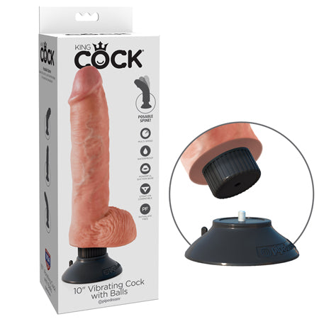 King Cock 10 in. Vibrating Cock With Balls Poseable Suction Cup Dildo Beige