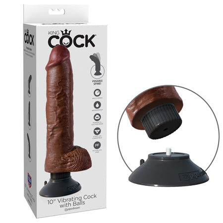 King Cock 10 in. Vibrating Cock With Balls Poseable Suction Cup Dildo Brown