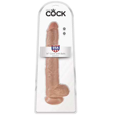 King Cock 14 in. Cock With Balls Realistic Suction Cup Dildo Tan