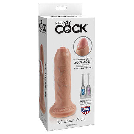 King Cock 6 in. Uncut Cock Realistic Dildo With Moveable Foreskin & Suction Cup Beige