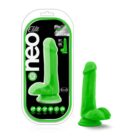 Neo Elite - 6in Silicone Dual Density Cock with Balls - Neon Green