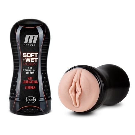 M for Men Soft + Wet Pussy with Pleasure Ridges & Orbs Self-Lubricating Vagina Stroker Beige